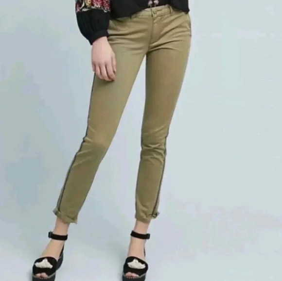 Anthropologie Chino Pants Embroidered Side Stripe Straight Leg Olive Green Sz 27 - Picture 3 of 9
